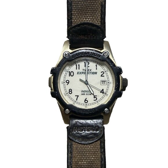 Vtg Timex Expedition Indiglo Field Camper Men’s Watch Brown Leather Canvas Band - Picture 1 of 7